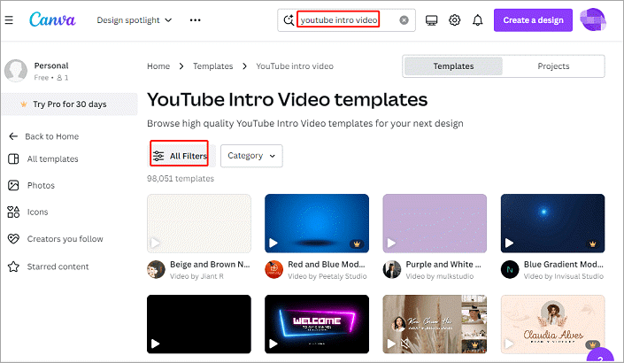 Selecting the option YouTube Intro Video from the design option