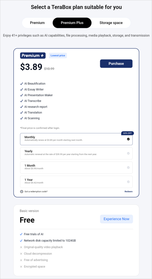 TeraBox Premium Plus Pricing