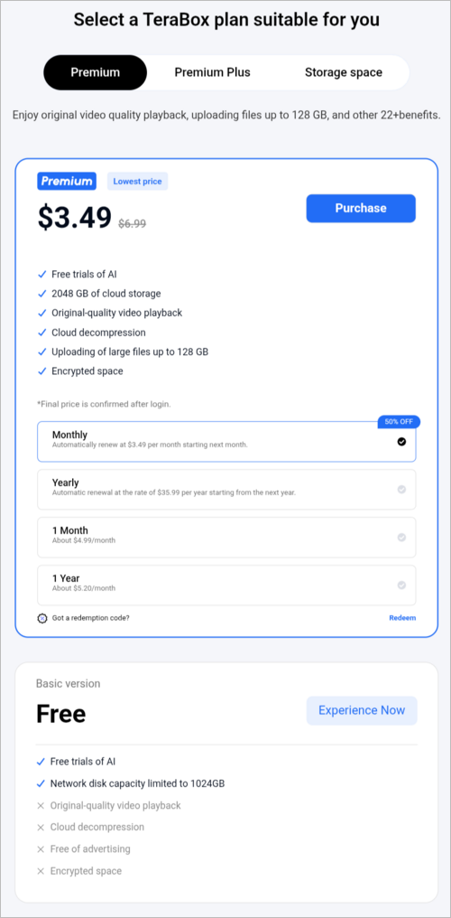 TeraBox Premium features