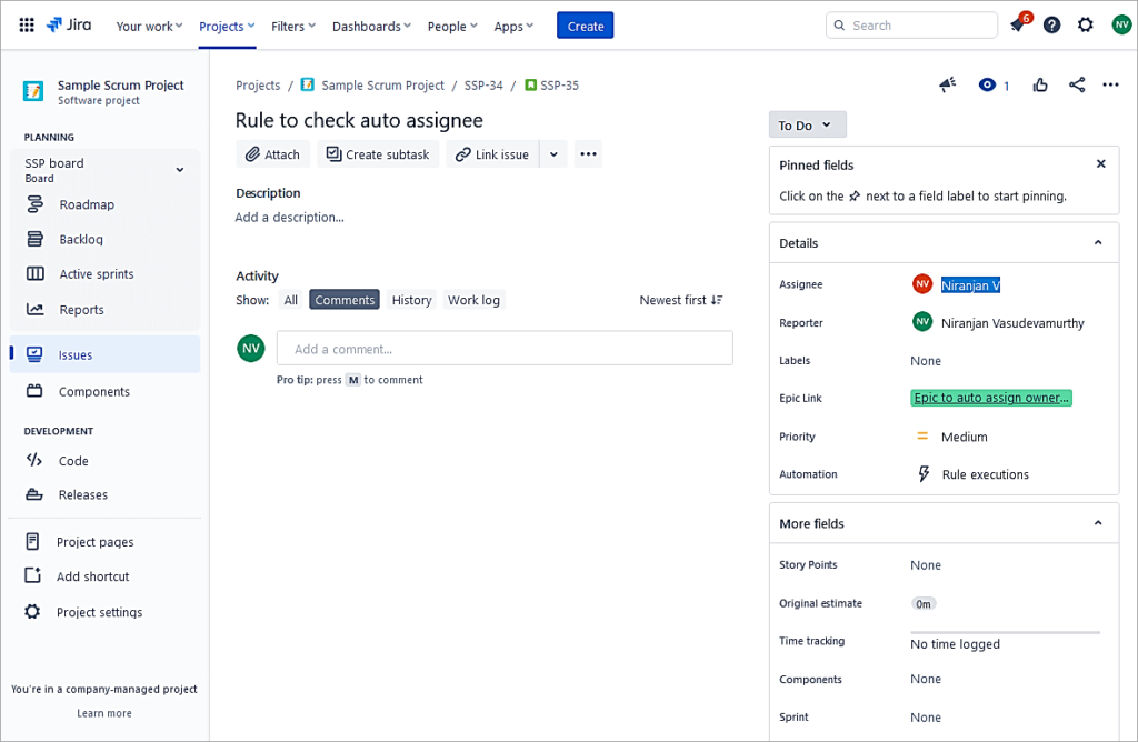 The assignee in Story issue is auto updated