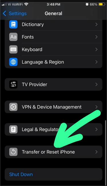 Transfer or Reset iPhone option