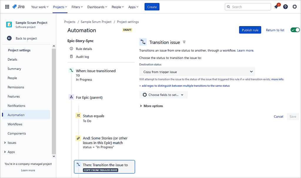 Transition issue to Copy from trigger issue