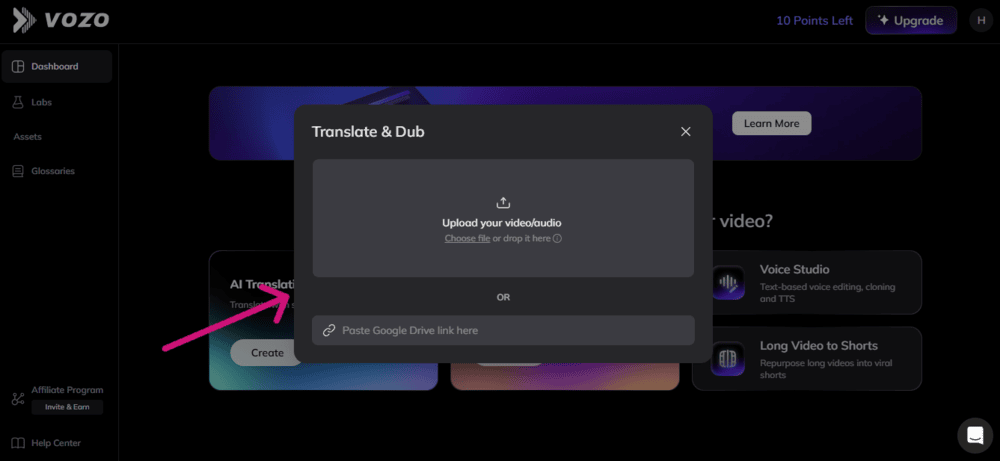 Vozo AI upload file