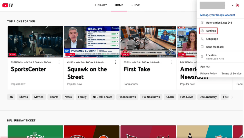 YouTube TV Settings