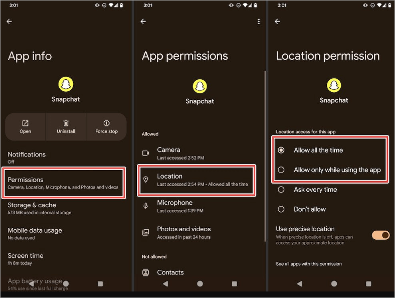 allow only when using the app android