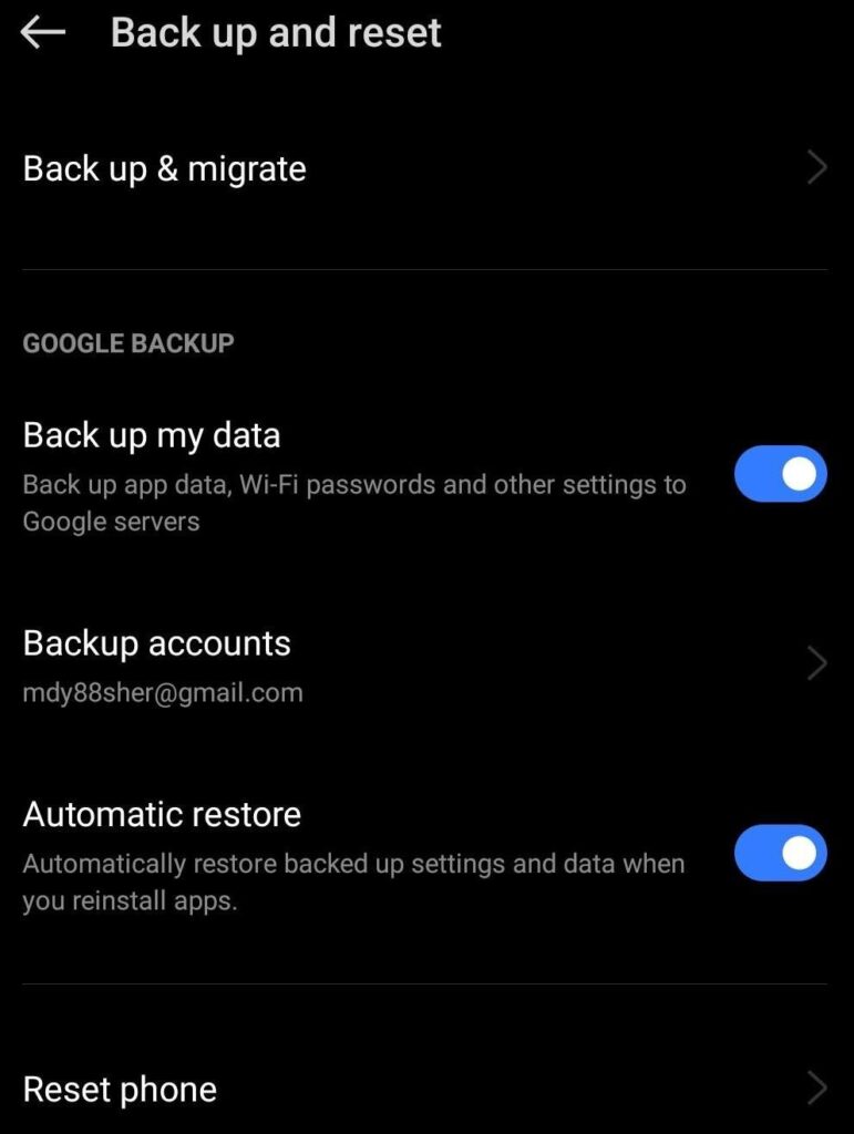 android - Backup and Reset