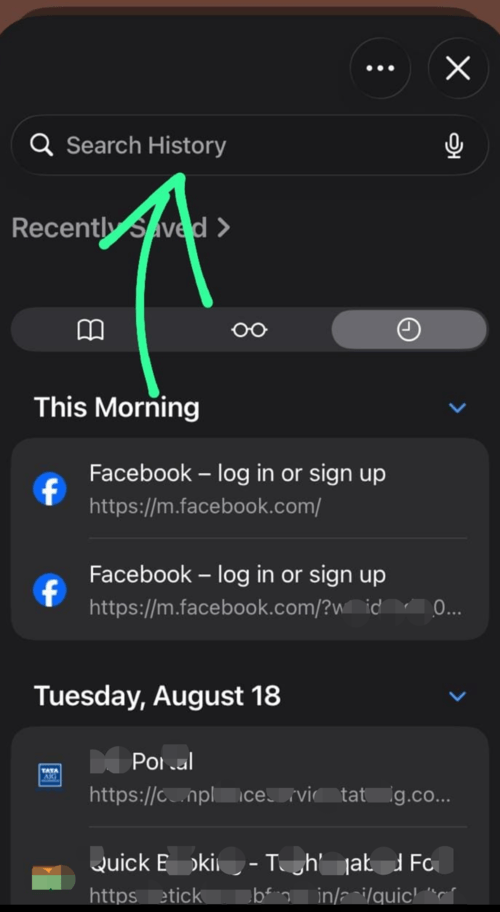 in-app Search History bar