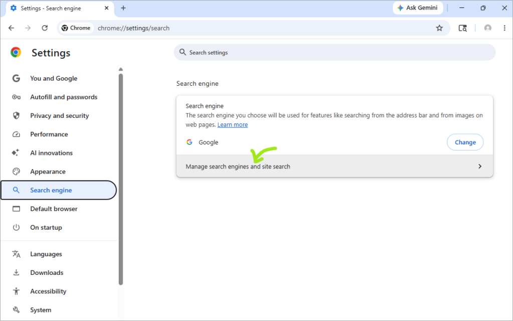 manage search engines and site search