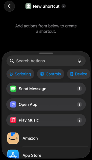 search actions in shortcut