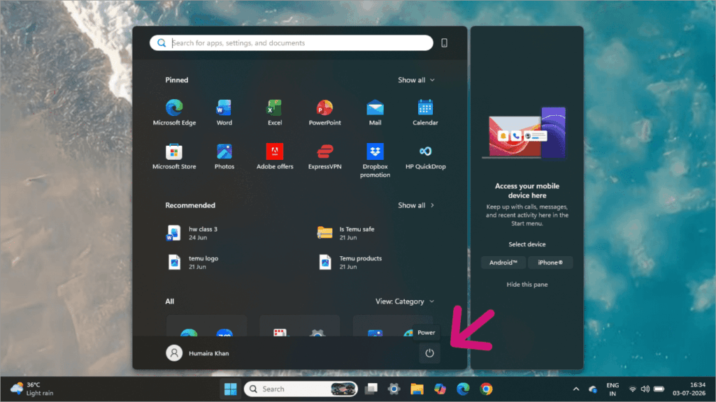select the Power icon