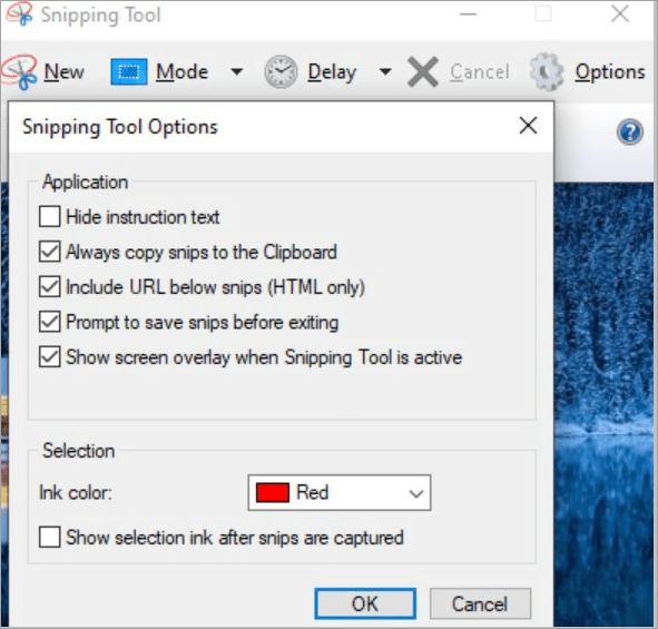 Snipping Tool options