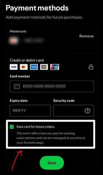 spotify payment method save option