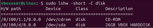 sudo lshw -short -C disk
