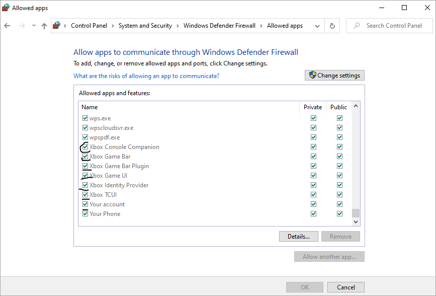 xbox app allowed through Windows Defender Firewall